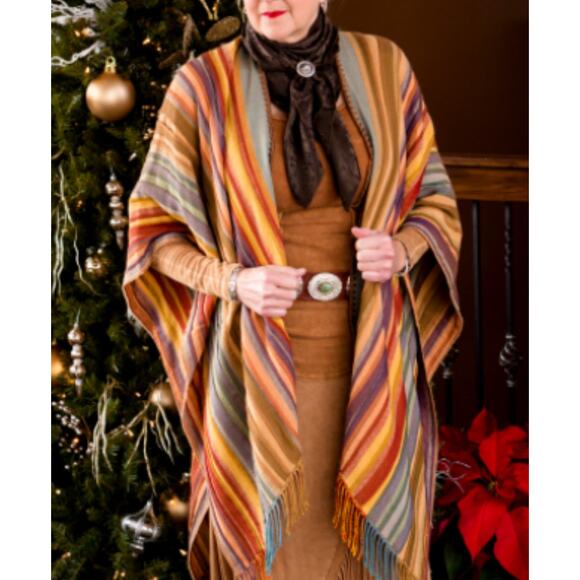 Rhonda Stark Southwestern Italian Acrylic Carnival Stripe Fringe Serape Shawl OS - Picture 7 of 10